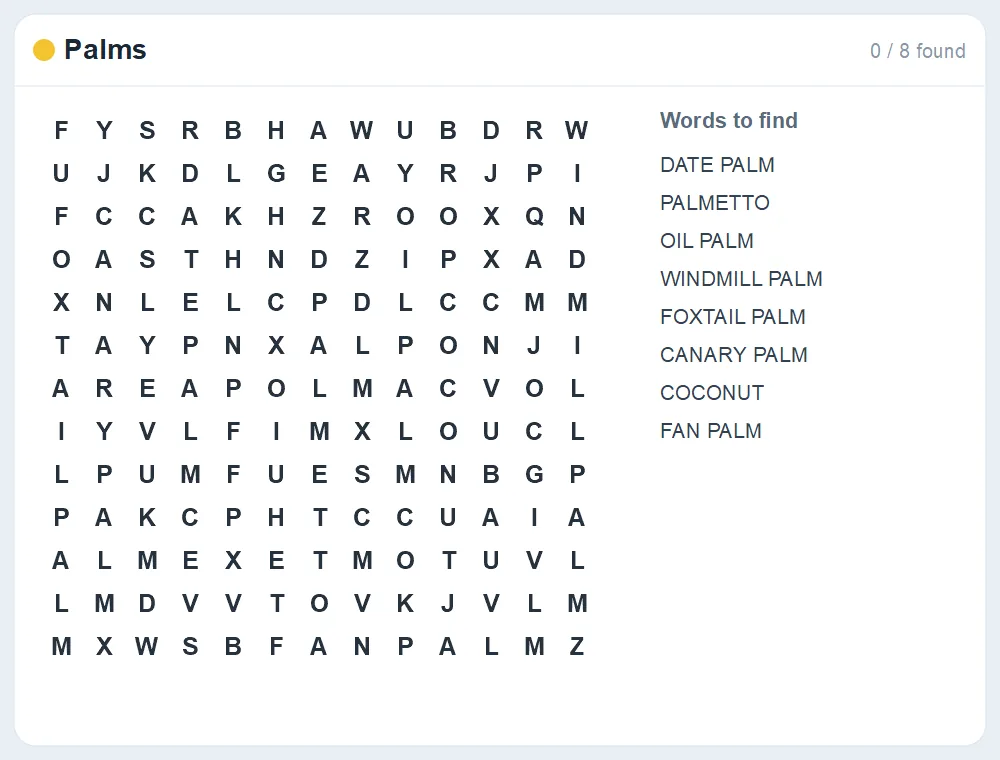 Preview of the Palms word search puzzle