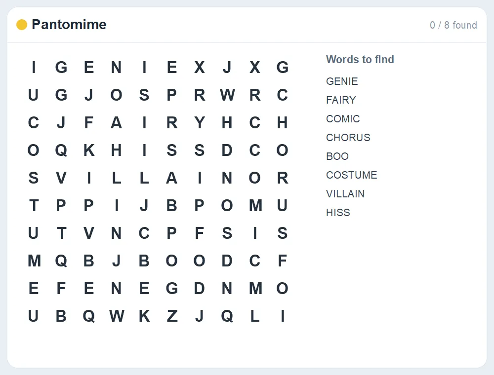 Preview of the Pantomime word search puzzle