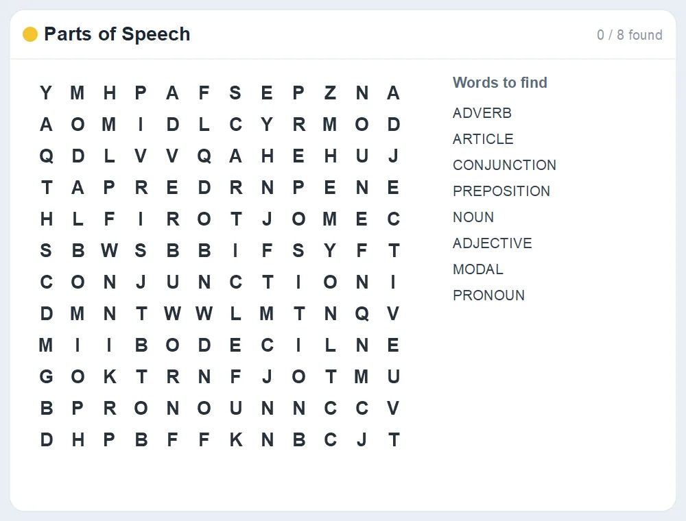 Preview of the Parts of Speech word search puzzle