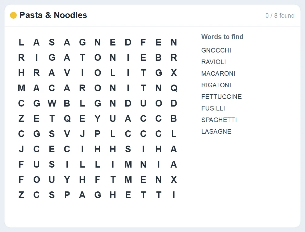 Preview of the Pasta & Noodles word search puzzle