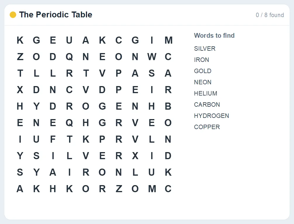 Preview of the The Periodic Table word search puzzle