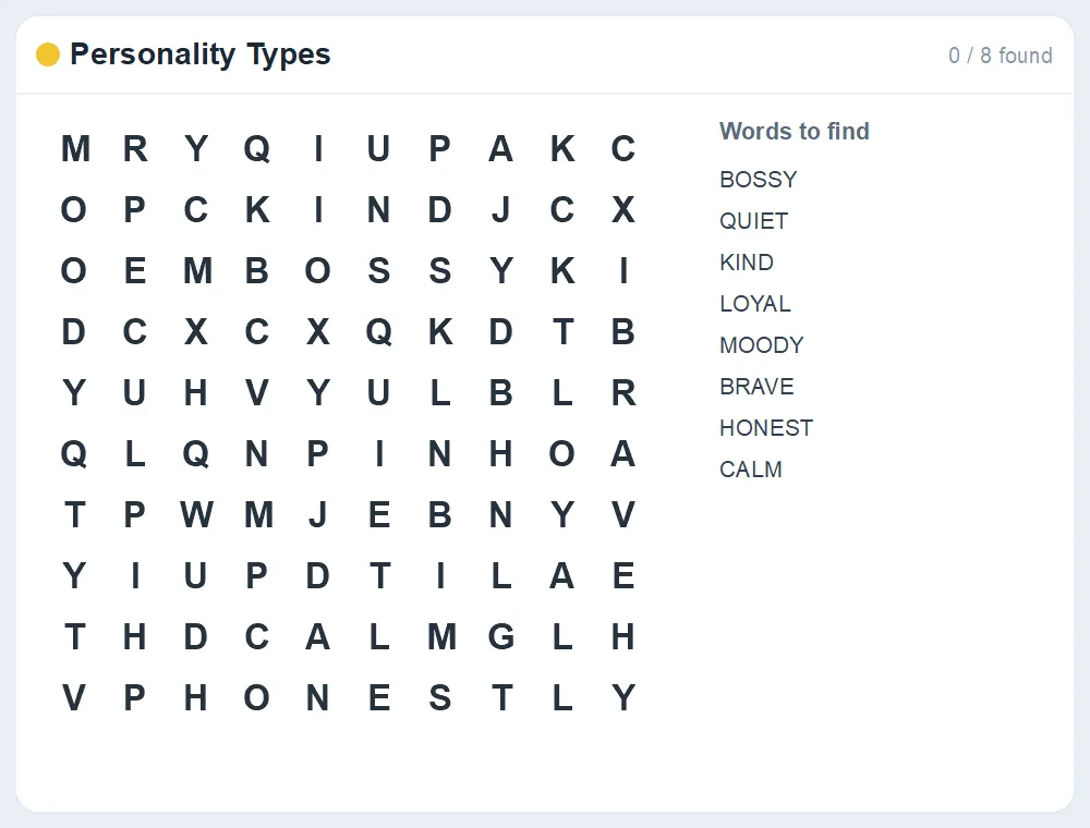 Preview of the Personality Types word search puzzle
