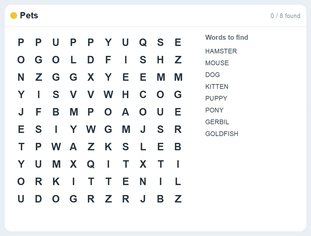 Preview of the Pets word search puzzle