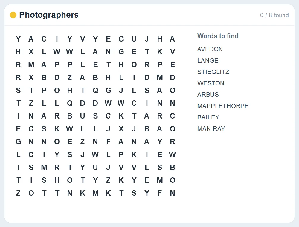 Preview of the Photographers word search puzzle