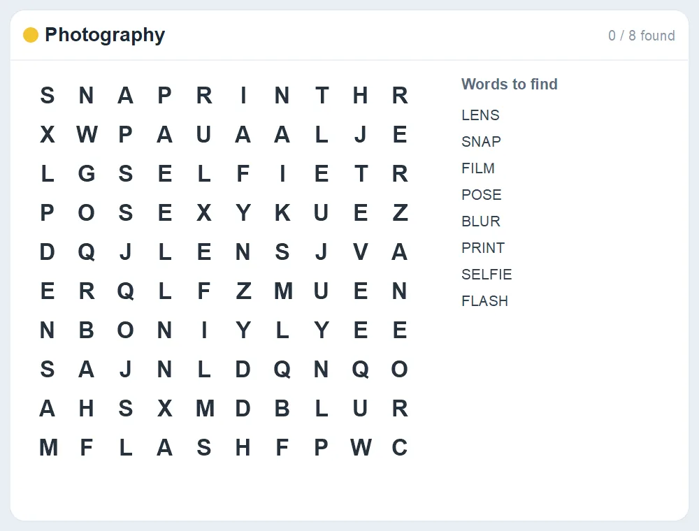 Preview of the Photography word search puzzle