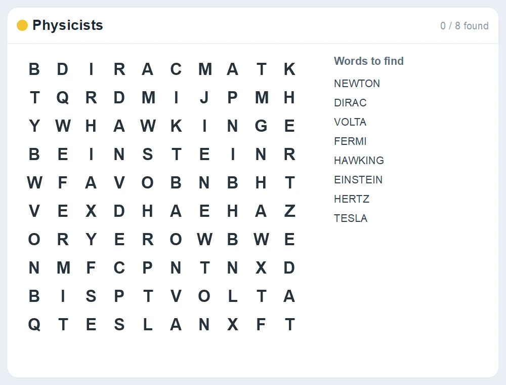 Preview of the Physicists word search puzzle