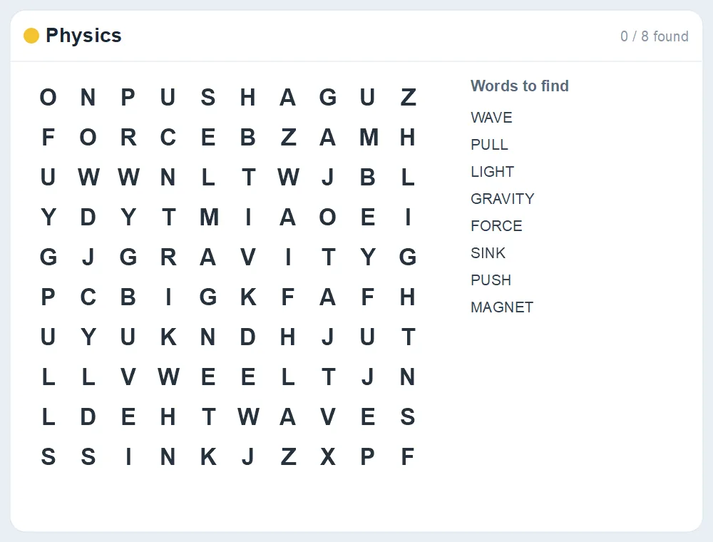Preview of the Physics word search puzzle