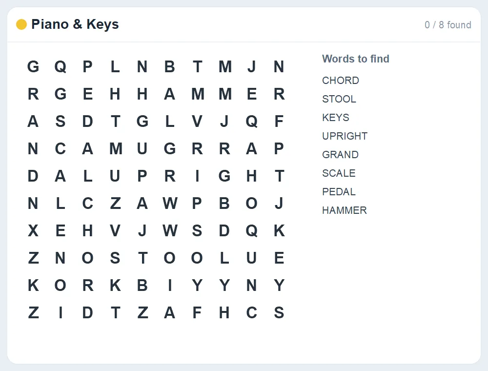 Preview of the Piano & Keys word search puzzle