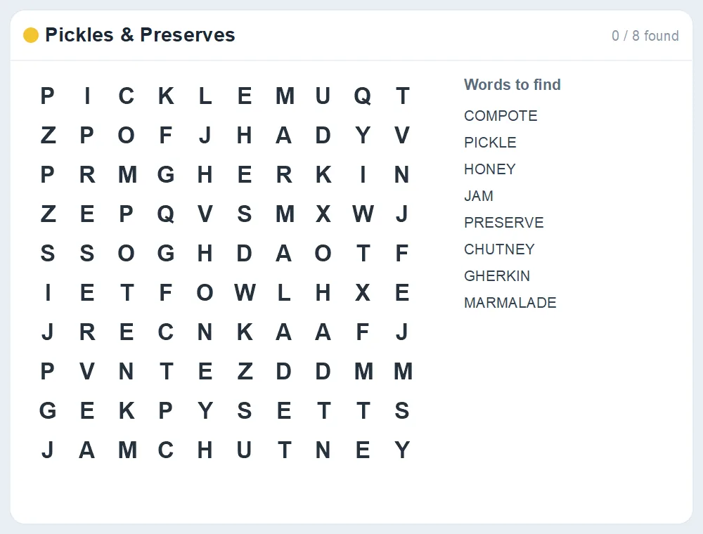 Preview of the Pickles & Preserves word search puzzle
