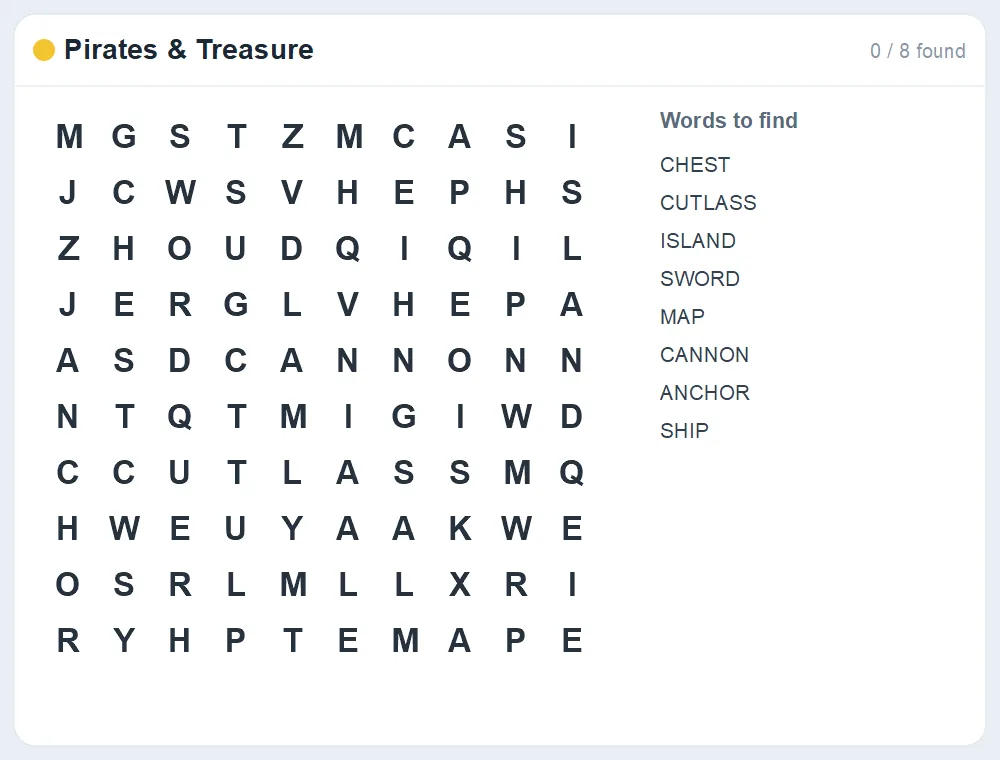 Preview of the Pirates & Treasure word search puzzle