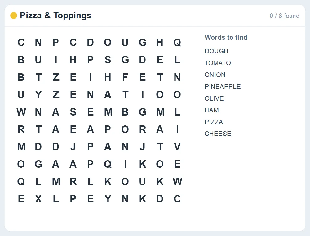 Preview of the Pizza & Toppings word search puzzle