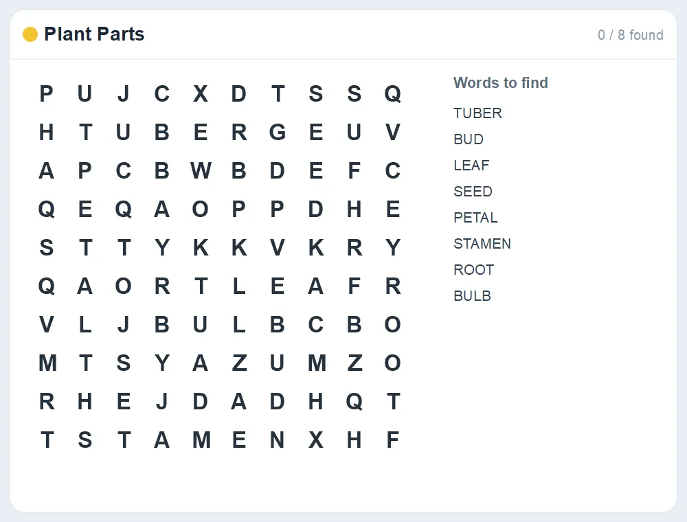 Preview of the Plant Parts word search puzzle
