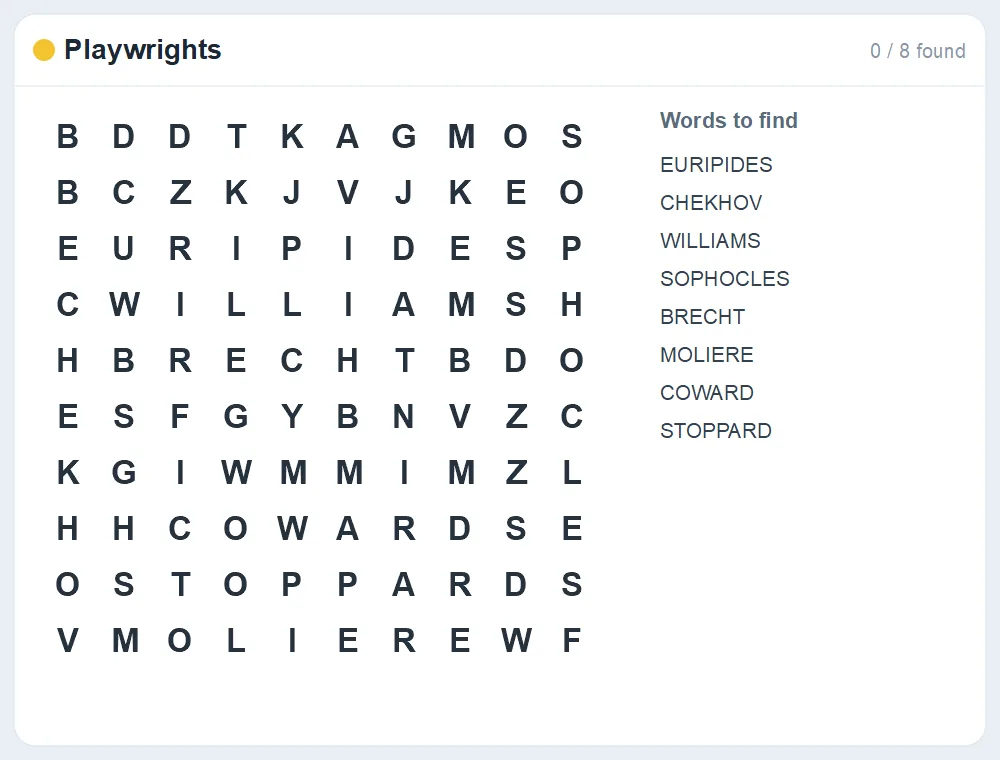 Preview of the Playwrights word search puzzle