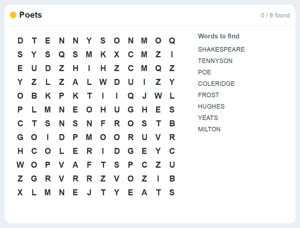 Preview of the Poets word search puzzle