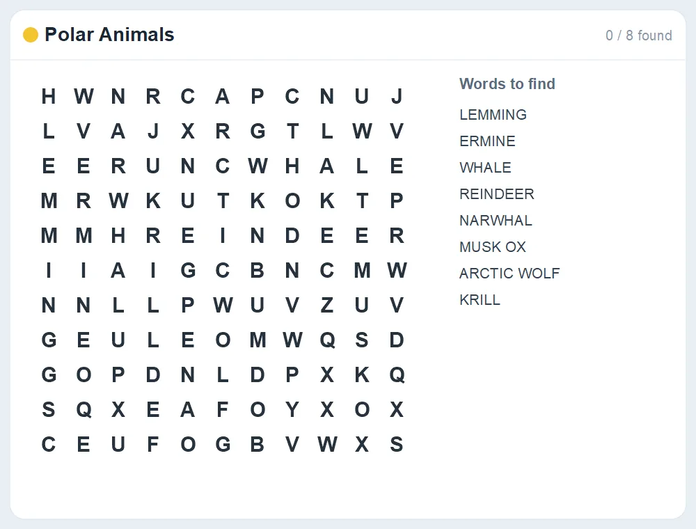 Preview of the Polar Animals word search puzzle