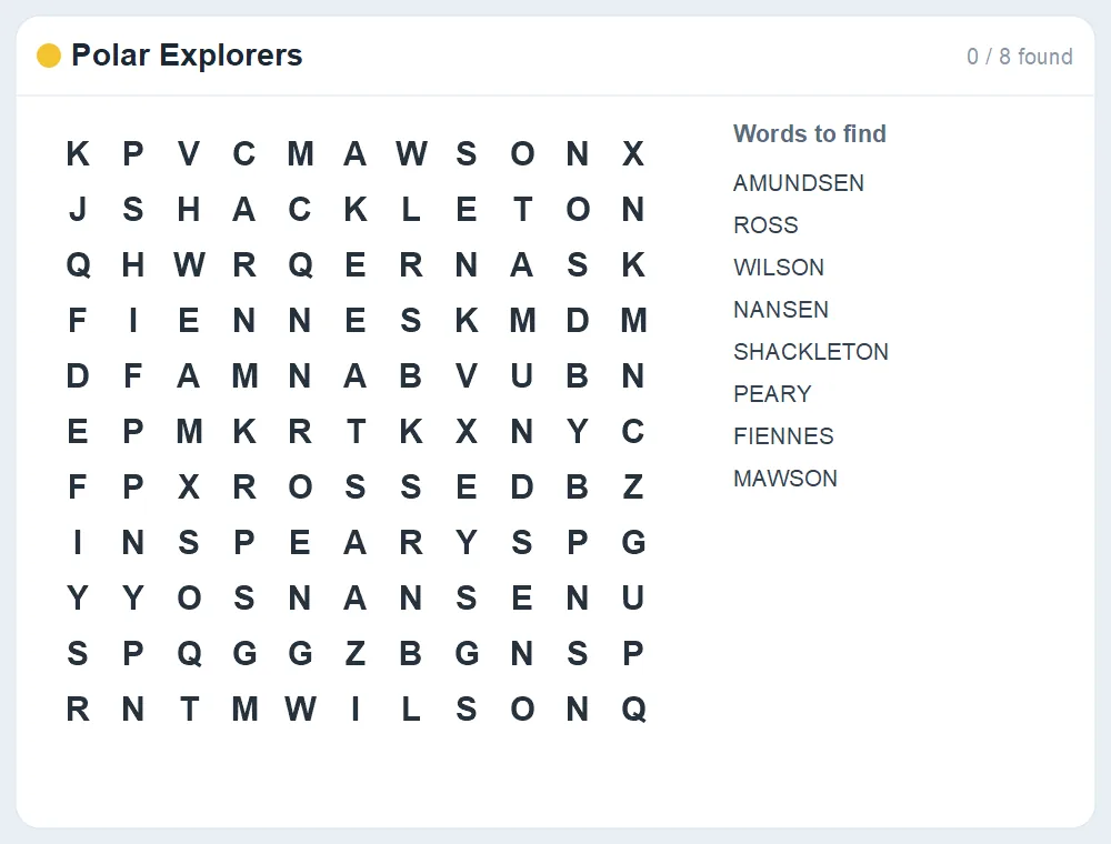 Preview of the Polar Explorers word search puzzle