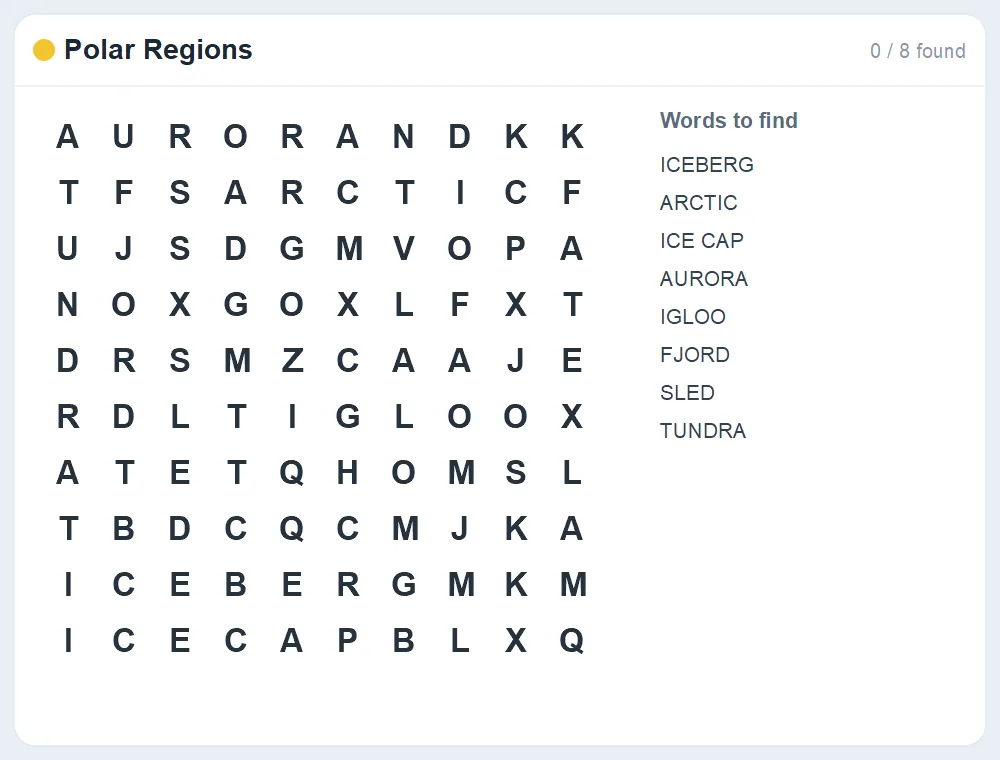 Preview of the Polar Regions word search puzzle