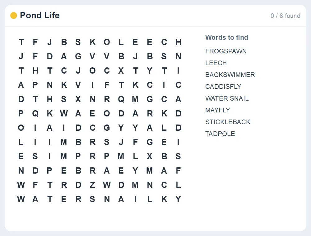Preview of the Pond Life word search puzzle