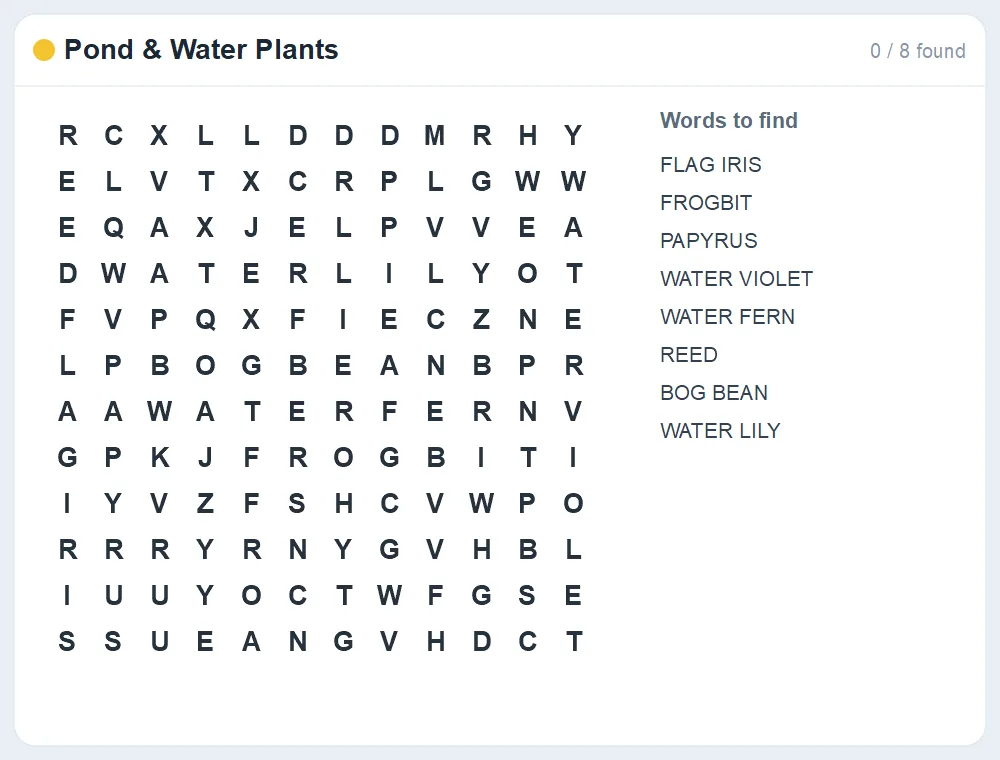 Preview of the Pond & Water Plants word search puzzle