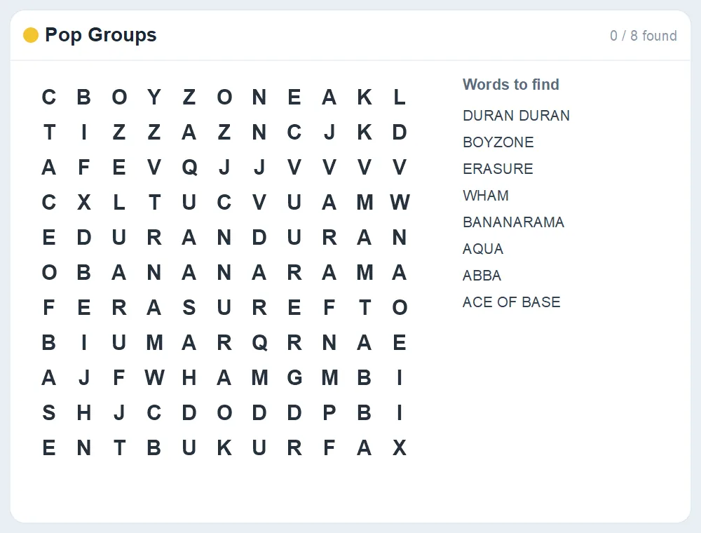 Preview of the Pop Groups word search puzzle