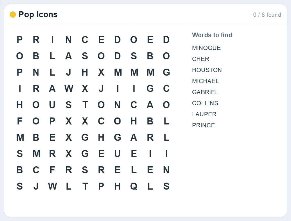Preview of the Pop Icons word search puzzle