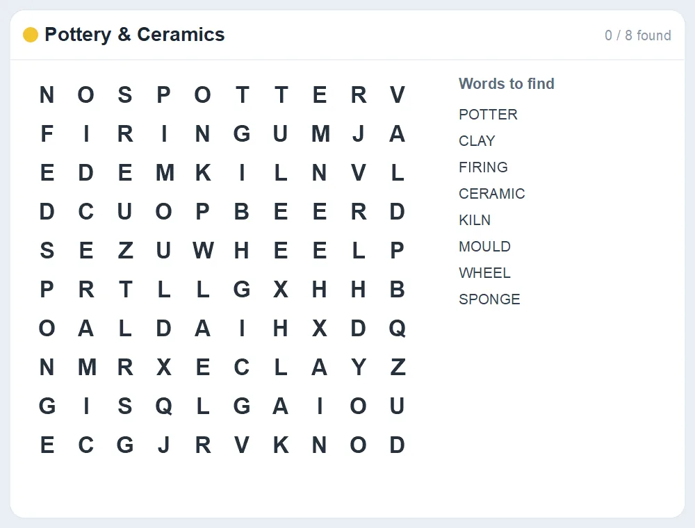 Preview of the Pottery & Ceramics word search puzzle