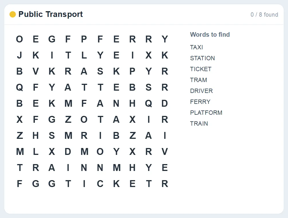 Preview of the Public Transport word search puzzle