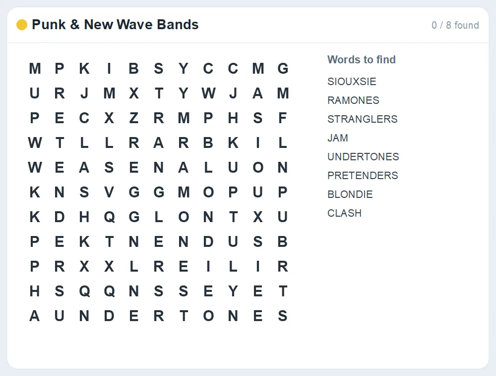 Preview of the Punk & New Wave Bands word search puzzle