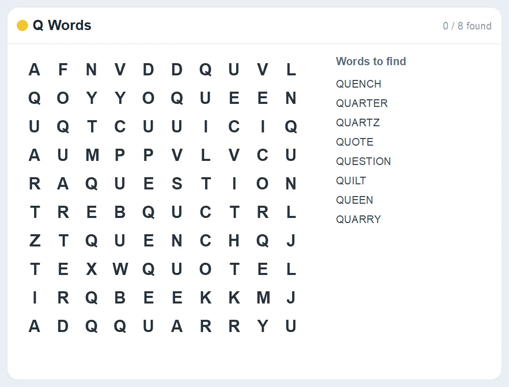 Preview of the Q Words word search puzzle