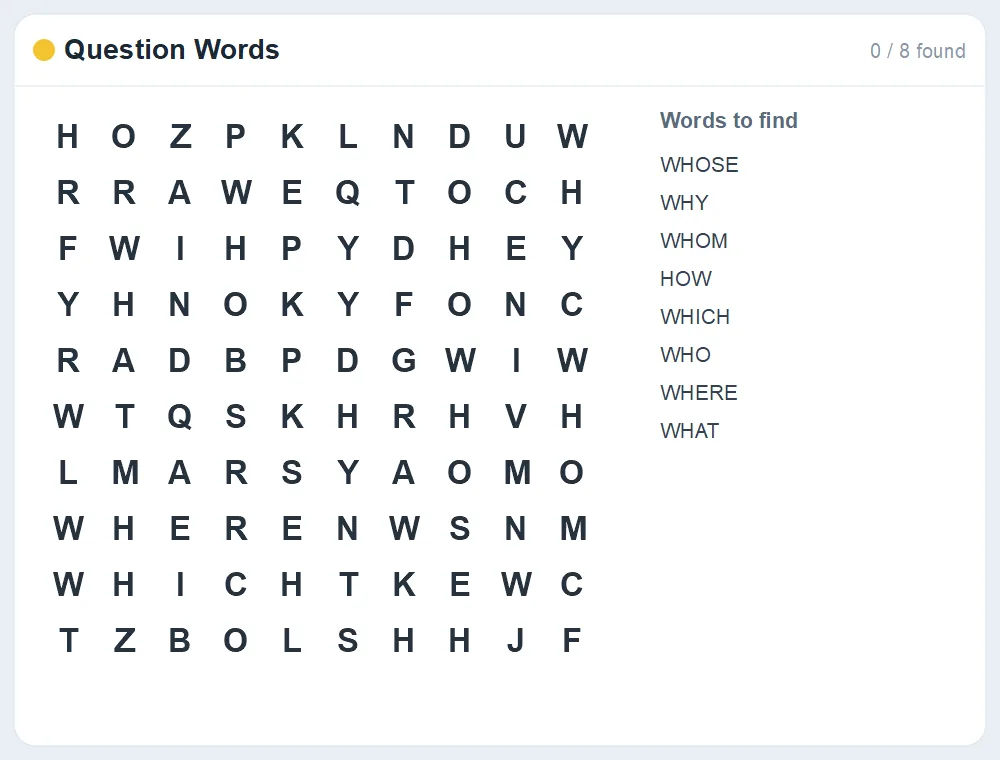 Preview of the Question Words word search puzzle