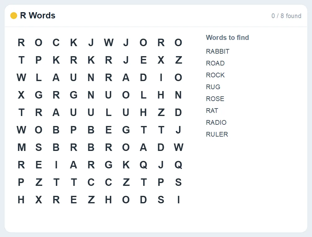 Preview of the R Words word search puzzle