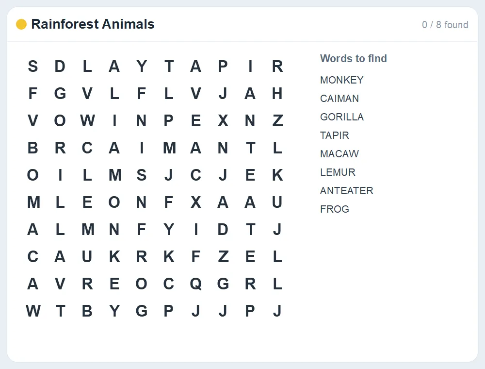 Preview of the Rainforest Animals word search puzzle