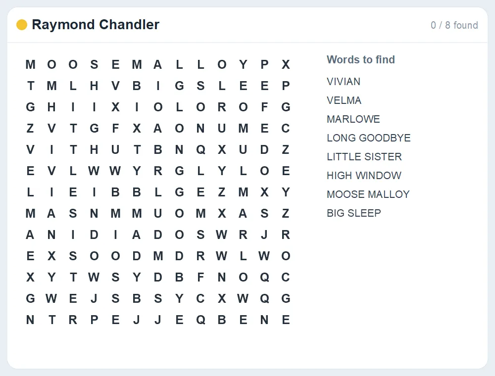 Preview of the Raymond Chandler word search puzzle