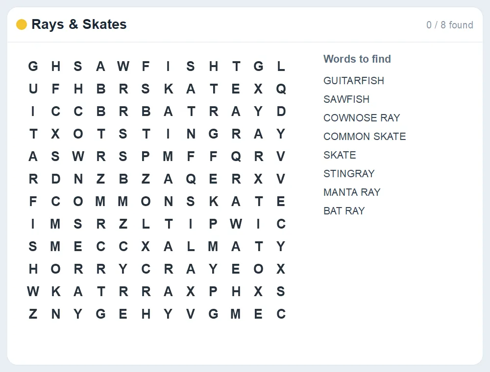 Preview of the Rays & Skates word search puzzle
