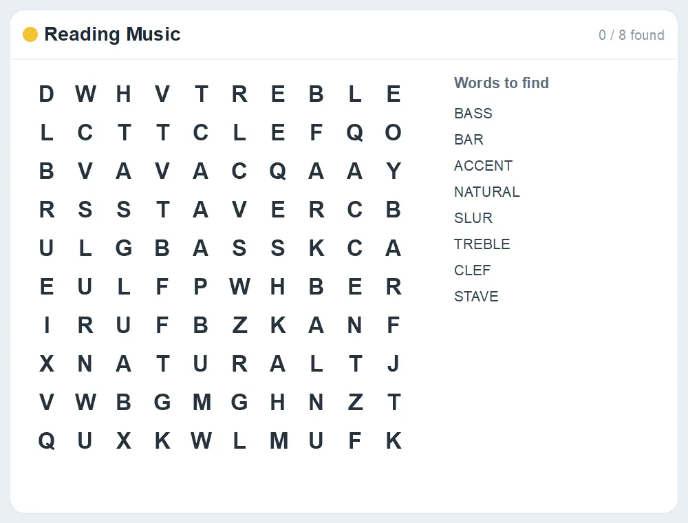 Preview of the Reading Music word search puzzle