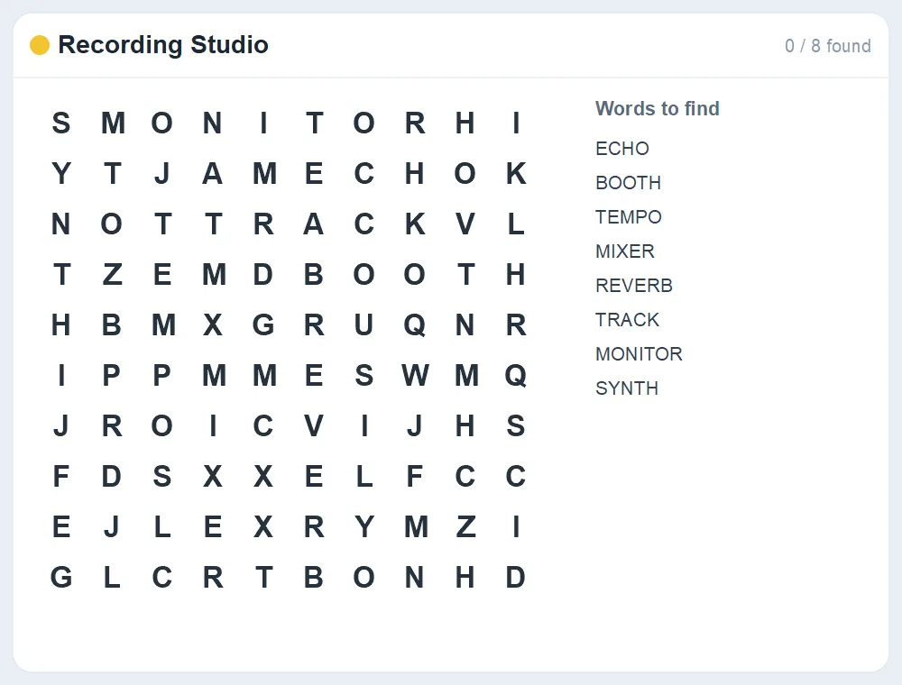 Preview of the Recording Studio word search puzzle