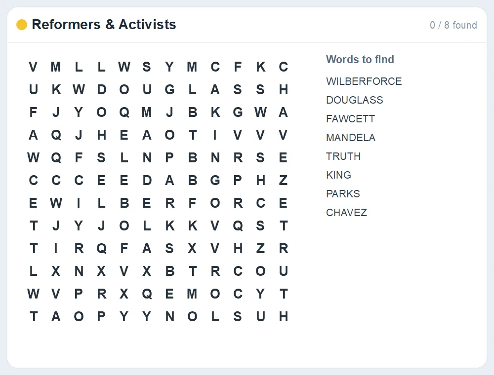 Preview of the Reformers & Activists word search puzzle