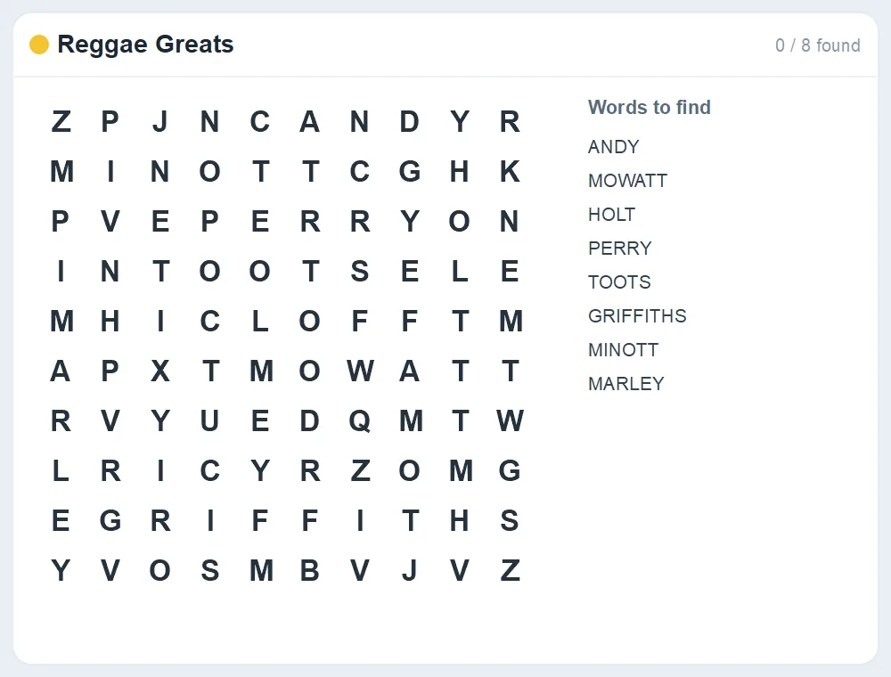 Preview of the Reggae Greats word search puzzle
