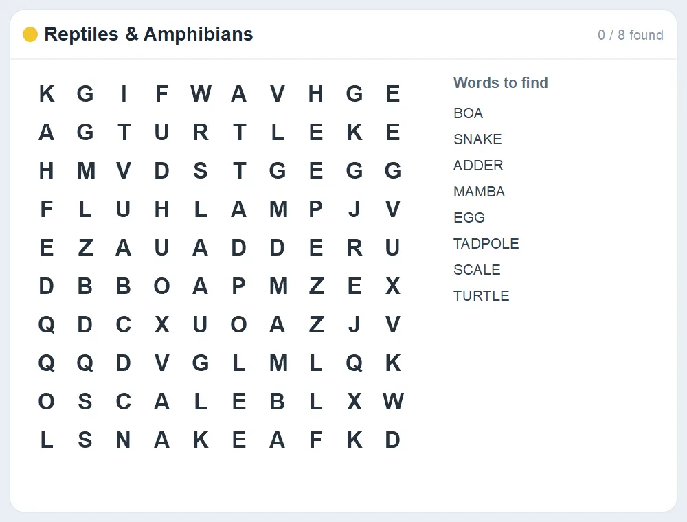 Preview of the Reptiles & Amphibians word search puzzle