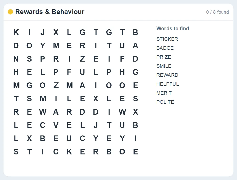 Preview of the Rewards & Behaviour word search puzzle