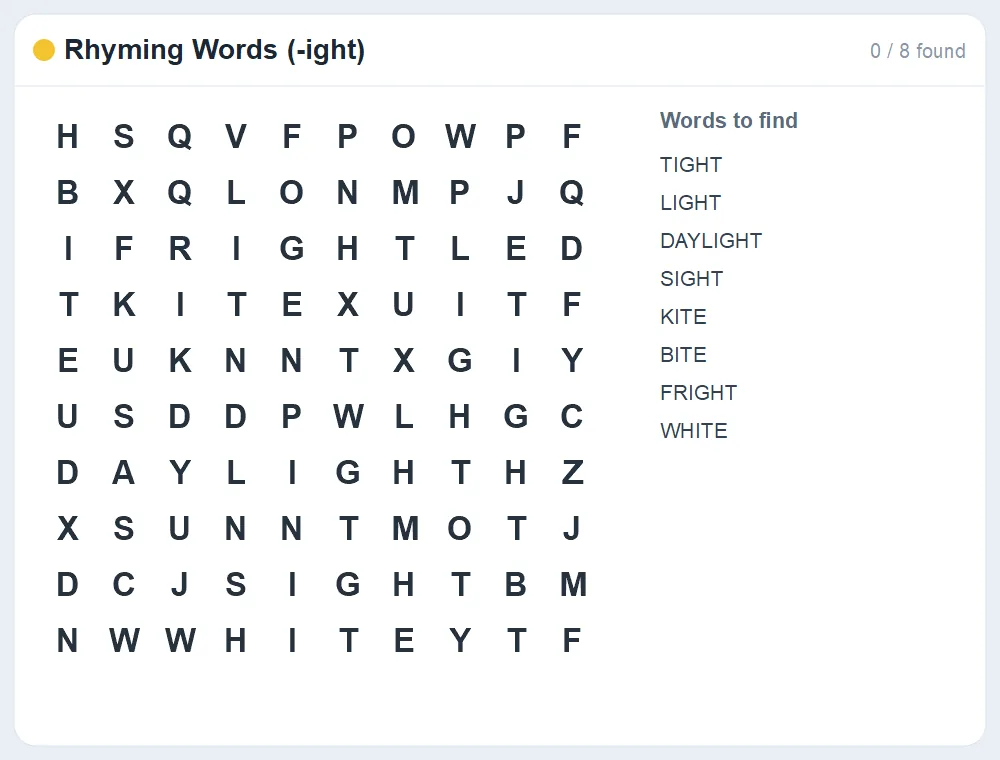 Preview of the Rhyming Words (-ight) word search puzzle
