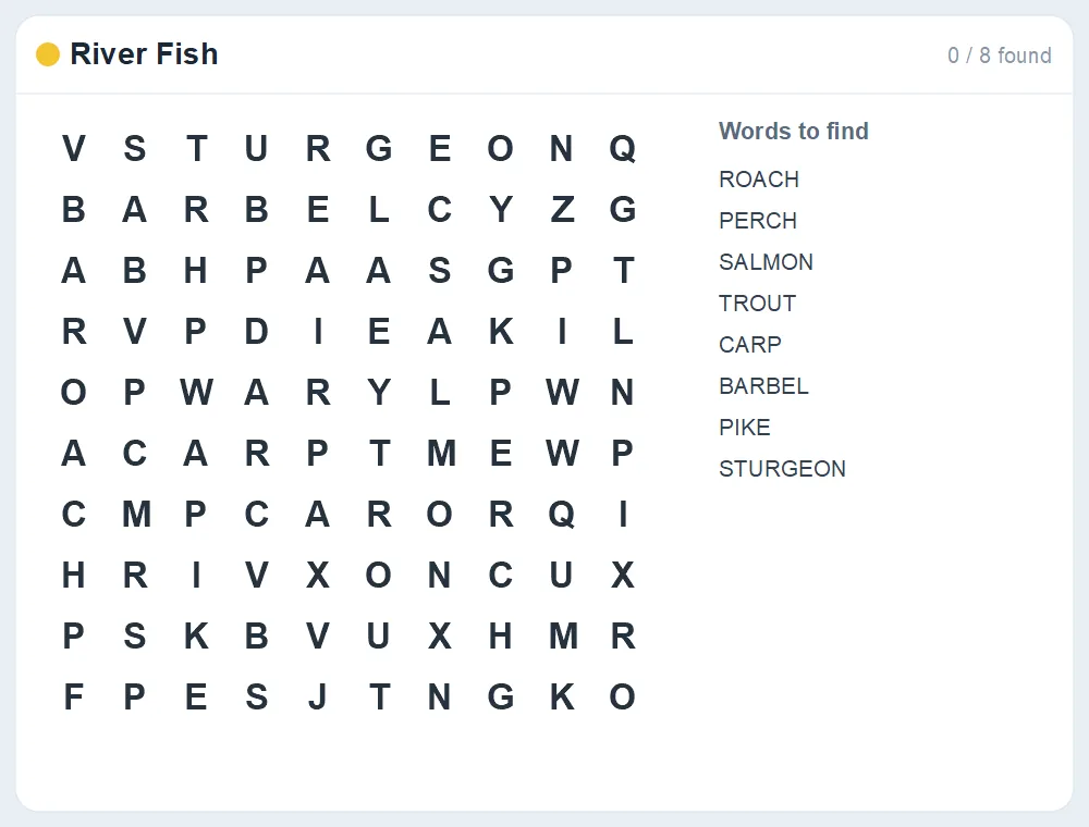 Preview of the River Fish word search puzzle
