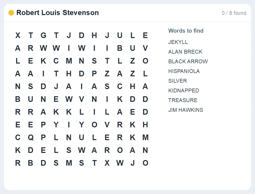 Preview of the Robert Louis Stevenson word search puzzle
