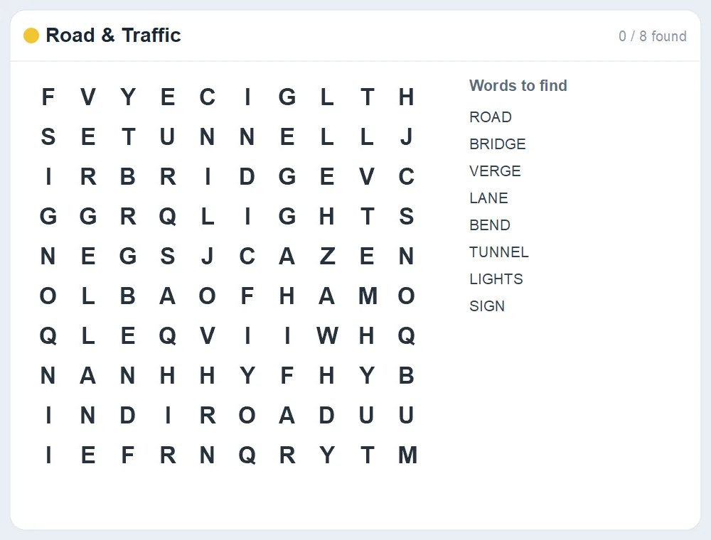 Preview of the Road & Traffic word search puzzle