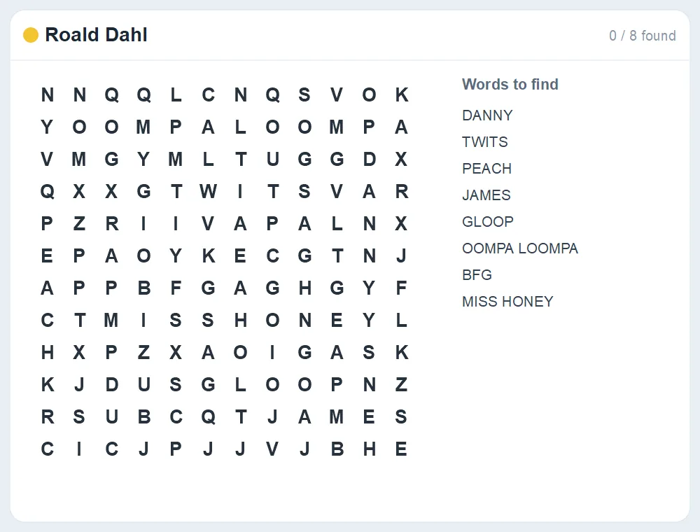 Preview of the Roald Dahl word search puzzle