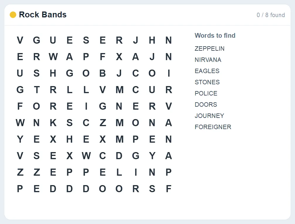 Preview of the Rock Bands word search puzzle