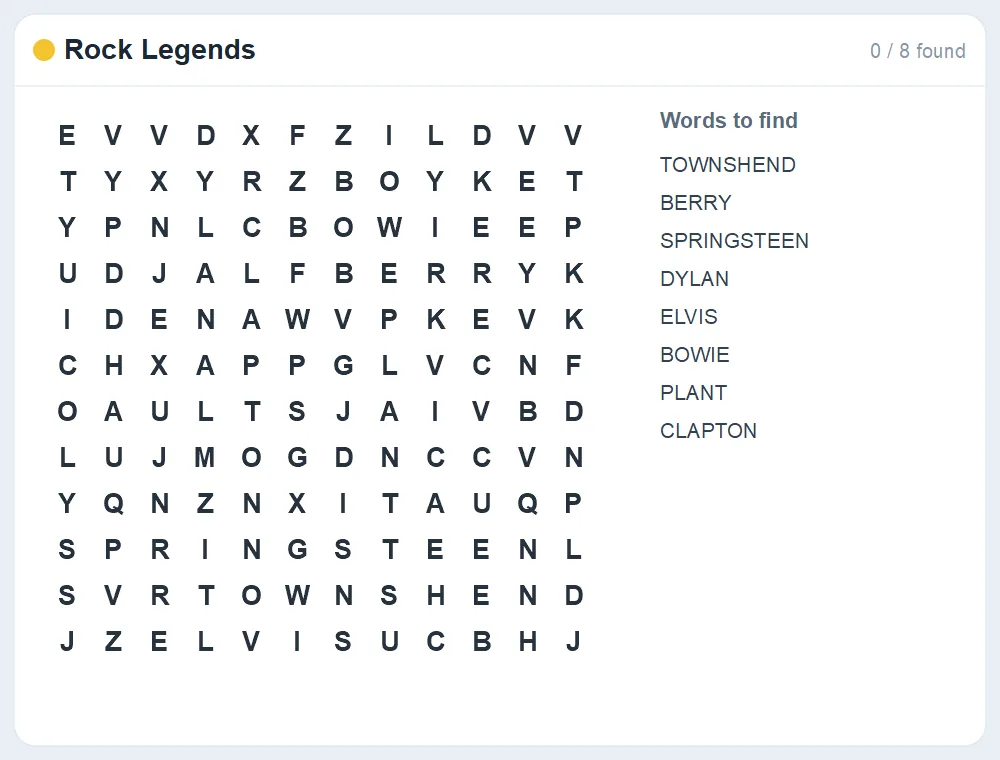 Preview of the Rock Legends word search puzzle