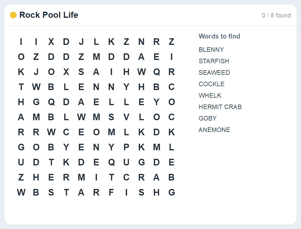 Preview of the Rock Pool Life word search puzzle