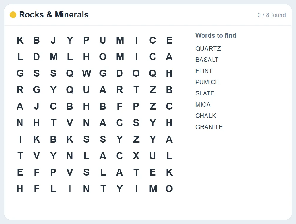 Preview of the Rocks & Minerals word search puzzle