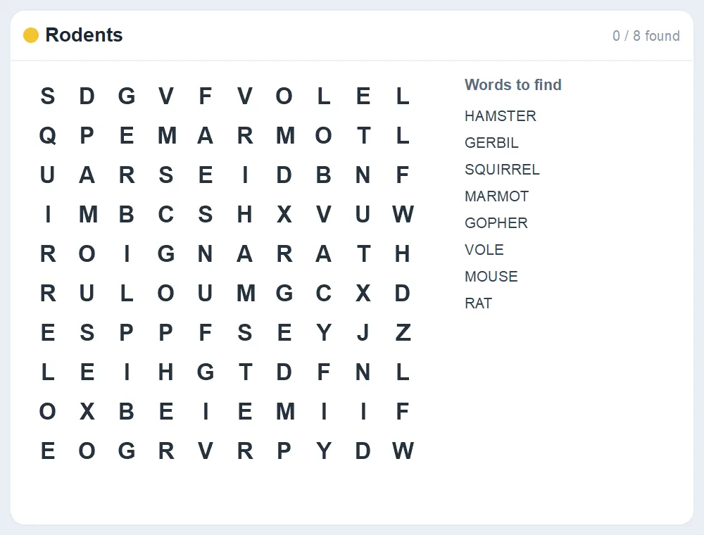 Preview of the Rodents word search puzzle